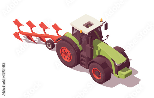 Isometric tractor with agricultural equipment set. Isolated low poly green tractor with red plow on white backgroung. Vector illustrator. Collection