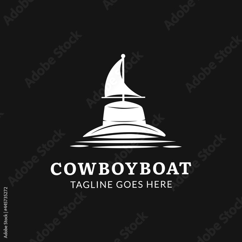 Minimalist cowboy hat logo design with boat sailing on the ocean, cowboy icon illustration, boat icon illustration, perfect for various company logo purposes