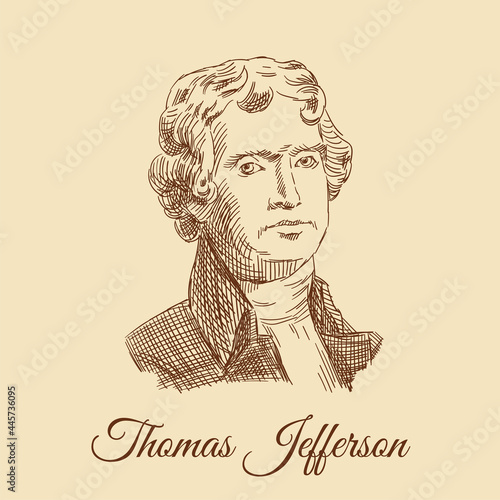 Sketch portrait of Thomas Jefferson, from a 2$ banknote. Engraving portrait of the President of America. Portrait of a man in an antique suit. Vintage brown and beige card, hand-drawn, vector.  photo