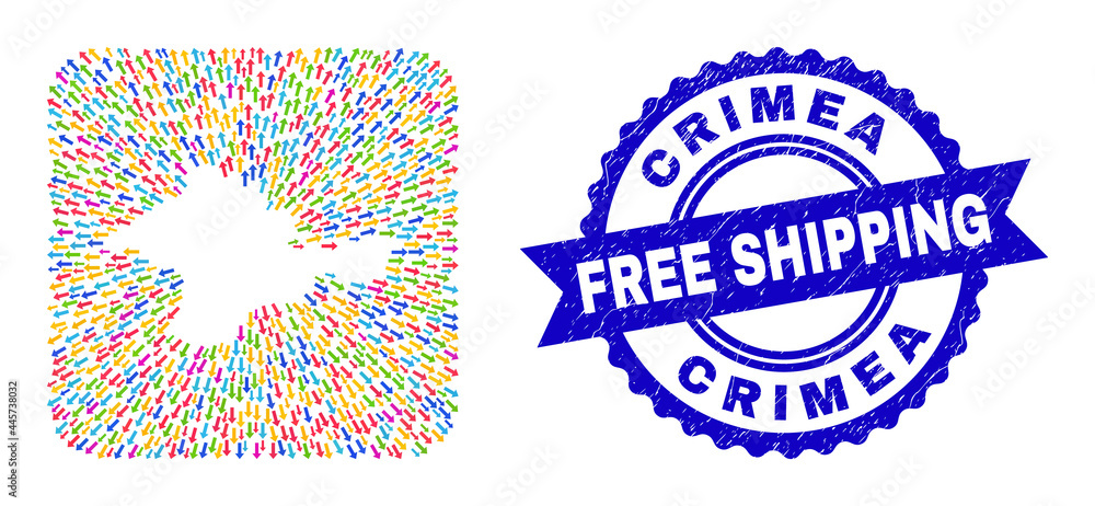Vector mosaic Crimea map of pointer arrows and grunge Free Shipping seal. Collage Crimea map created as carved shape from rounded square shape with pointing arrows. Vector mosaic Crimea map of pointer arrows and grunge Free Shipping seal. Collage Crimea map created as carved shape from rounded square shape with pointing arrows.