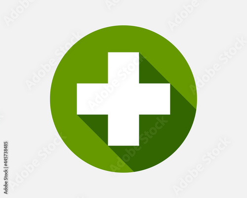 Green plus sign. Vector icon. Cross symbol of safety guidance.