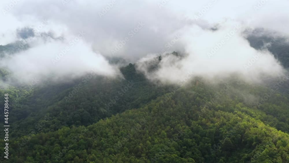 Aerial view flying above lush green tropical rain forest mountain with rain cloud cover during the rainy season on the Doi Phuka Mountain reserve national park. In, the northern Thailand Aerial view flying above lush green tropical rain forest mountain with rain cloud cover during the rainy season on the Doi Phuka Mountain reserve national park. In, the northern Thailand