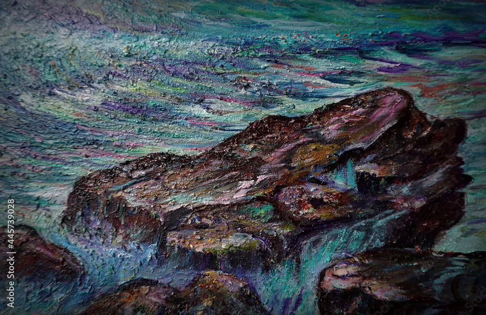 Oil painting of sea waves hitting rocks.