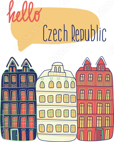 Hello Czech Republic. Cartoon illustration with Czech landmarks. Tourists banner with czech landmarks.