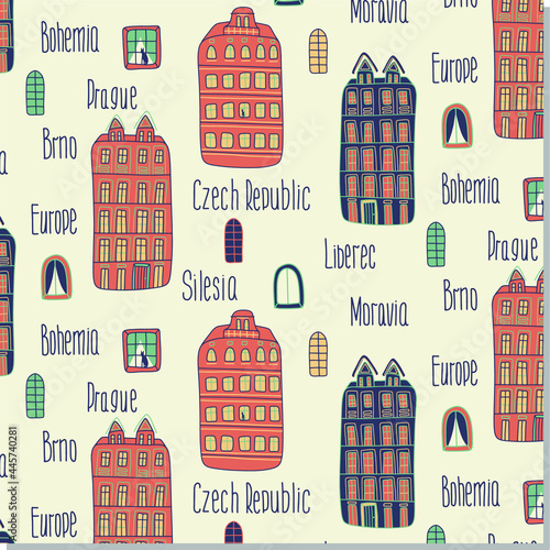 Cartoon seamless pattern with Czech landmarks, Czech sign. Tourist cute pattern with czech landmarks.