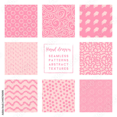 pink colors seamless patterns set with doodle elements