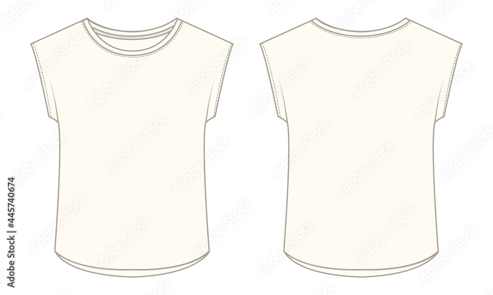 Modern Stylish T-shirt technical fashion Sketch illustration with classic crew neckline, short cap sleeves, Slim fit Round Hem. Flat apparel template for Women's unisex top CAD mock up. Modern Stylish T-shirt technical fashion Sketch illustration with classic crew neckline, short cap sleeves, Slim fit Round Hem. Flat apparel template for Women's unisex top CAD mock up.