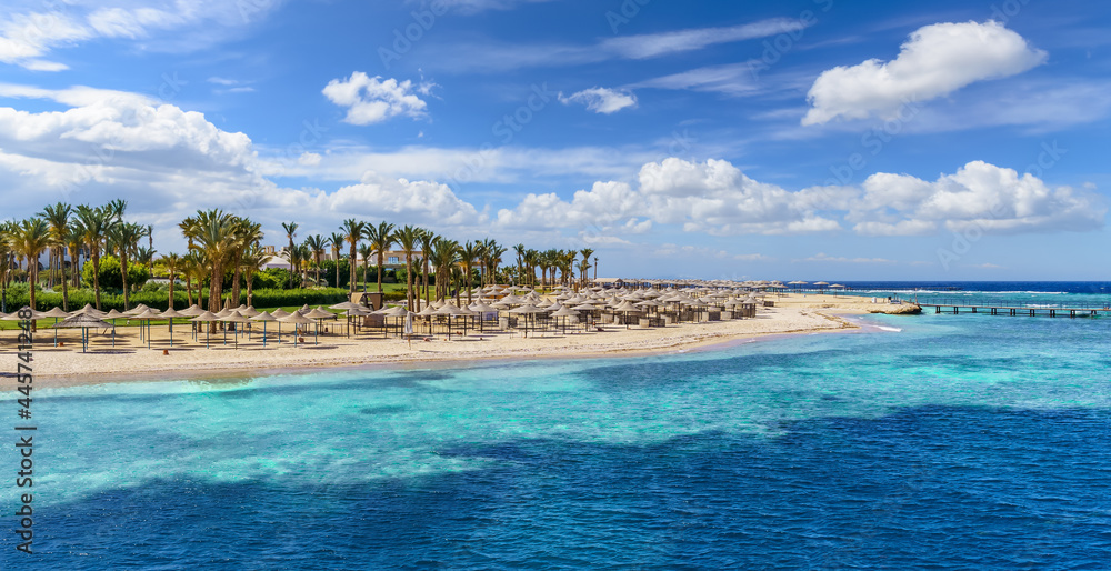 Landscape with beach in Port Ghalib, Marsa Alam, Egypt - obrazy, fototapety, plakaty 