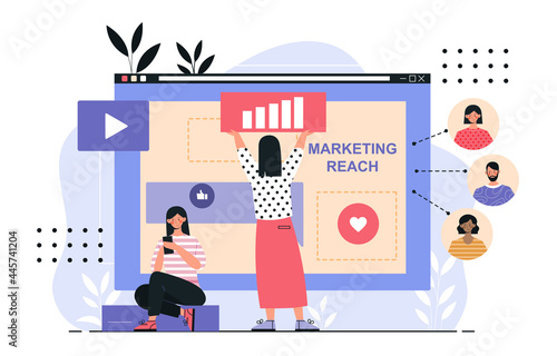 Marketing reach concept. Two women analyze the company s statistics and increase their reach on social networks. Marketing strategy. Cartoon flat vector illustration isolated on a white background
