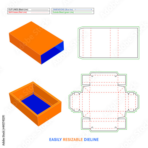 Sleeve gift box, drawer sleeve match box dieline template and 3D box
