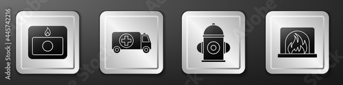 Set Fire alarm system, Ambulance and emergency car, Fire hydrant and Interior fireplace icon. Silver square button. Vector