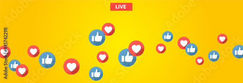 Like and heart icons for live stream video chat likes background vector design template. Social nets blue thumb up like and red heart web buttons isolated on yellow background