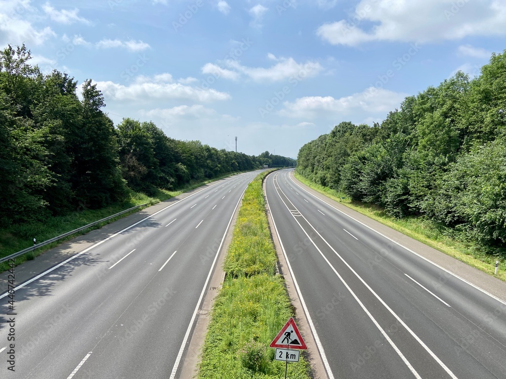 Closed highway A1 between Leverkusen and Burscheid in sunshine during the disaster alarm in North Rhine-Westphalia