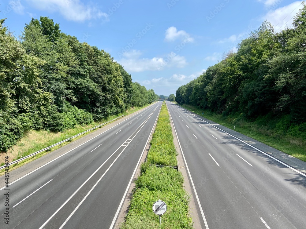 Closed highway A1 between Leverkusen and Burscheid in sunshine during the disaster alarm in North Rhine-Westphalia Closed highway A1 between Leverkusen and Burscheid in sunshine during the disaster alarm in North Rhine-Westphalia