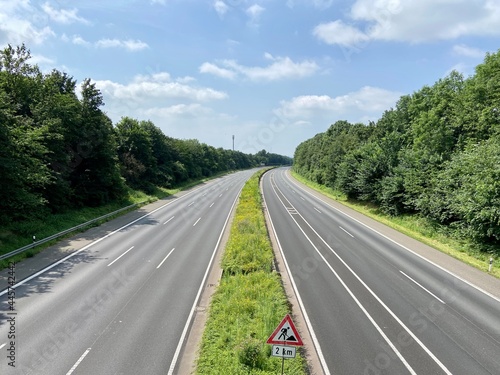 Closed highway A1 between Leverkusen and Burscheid in sunshine during the disaster alarm in North Rhine-Westphalia