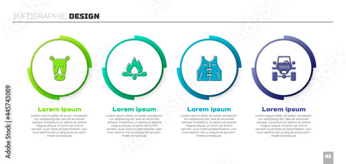 Set Rhinoceros, Campfire, Hunting jacket and Off road car. Business infographic template. Vector