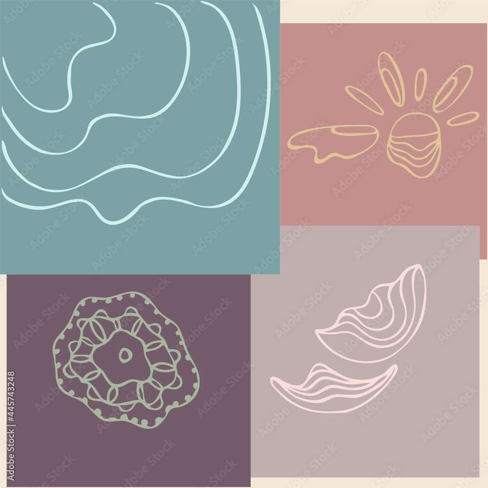 Set of abstract summer symbols on color cards Set of abstract summer symbols on color cards