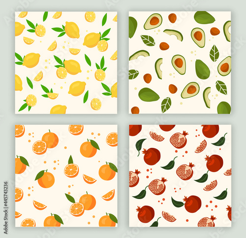 Set of vector seamless patterns with fruits. Lemon, avocado, pomegranate and orange on light background. Flat colorful illustrations for printing on fabric and paper. Poster, pajamas, wall decoration