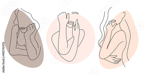 Set of Abstract minimalistic female figure in underwear. Fashionable illustration of the female body in the style of line art. Elegant portrait. Flat vector illustration for posters, tattoos and logos