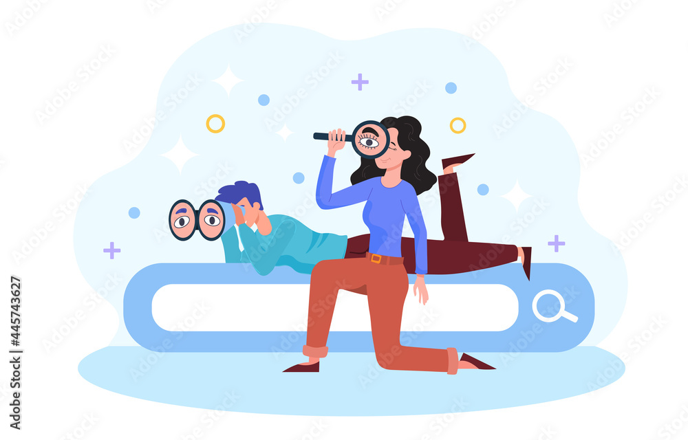 Search or research concept. The man lies on the search bar and looks through binoculars. A woman holds a large magnifying glass. A metaphor for finding solutions for business. Flat vector illustration