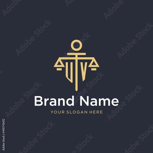 UV initial monogram logo with scale and pillar style design