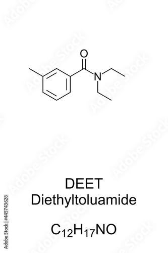DEET, chemical formula and structure. Diethyltoluamide, most common active ingredient in insect repellents, a protection against mosquitoes, ticks, fleas, chiggers, leeches and other biting insects.