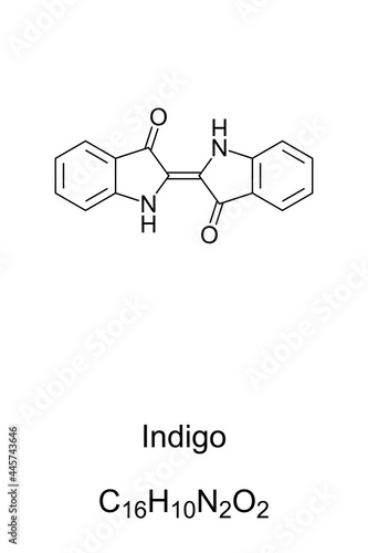 Indigo, chemical formula and structure. Indigo dye, an organic compound with a distinctive blue color. Most indigo produced today is synthetic, to dye cotton yarn, such as denim cloth and blue jeans.