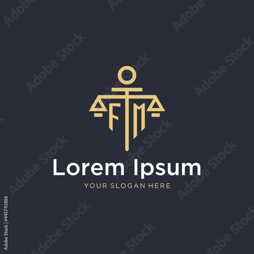 FM initial monogram logo with scale and pillar style design