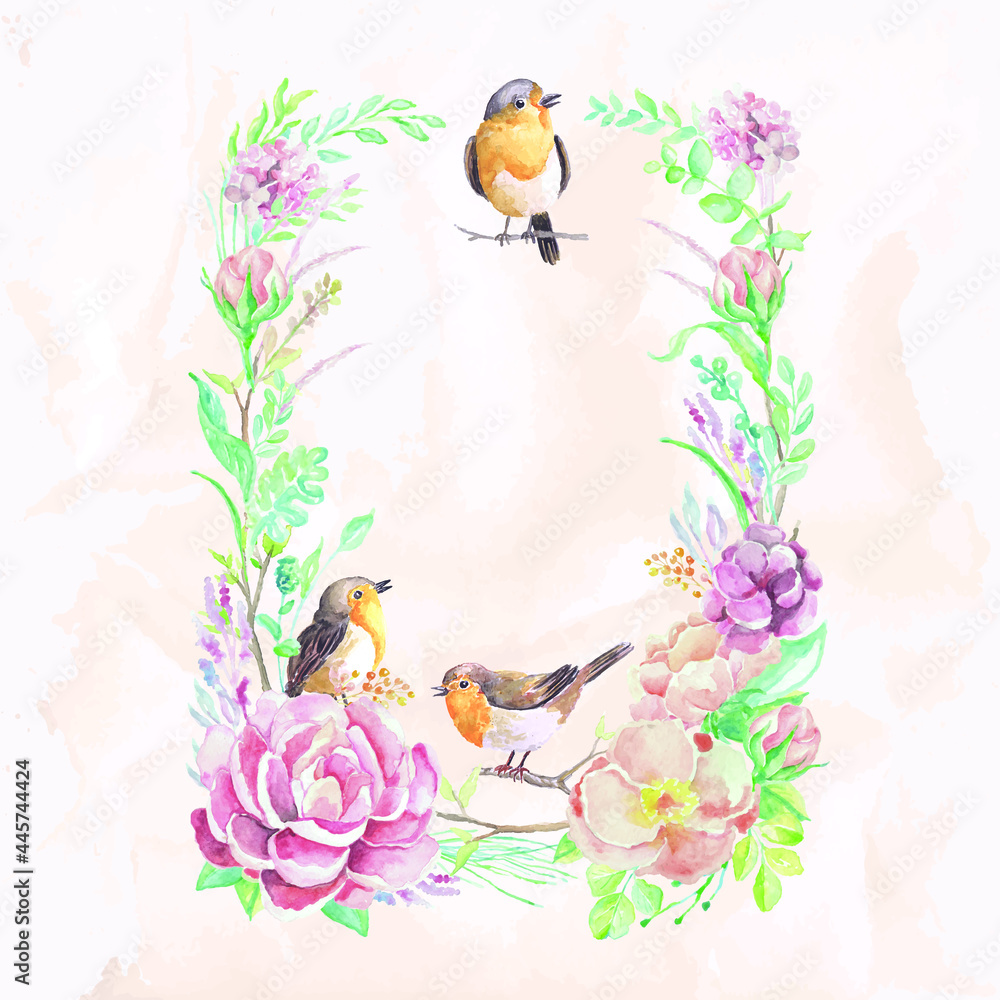 Watercolor Birds and flowers frame design