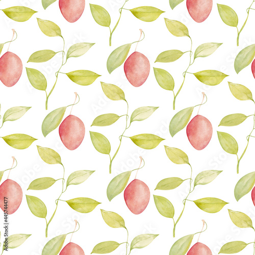 Watercolor seamless pattern of juicy  bright summer fruits and leaves on a white background