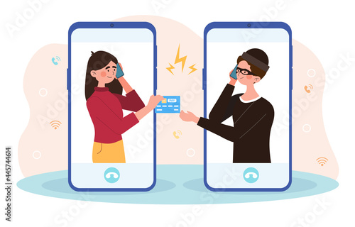 Online crime concept. Girl does not suspect that she is talking on the phone with the criminal. Woman transfers banking information to a hacker. Cartoon flat vector illustration on a white background
