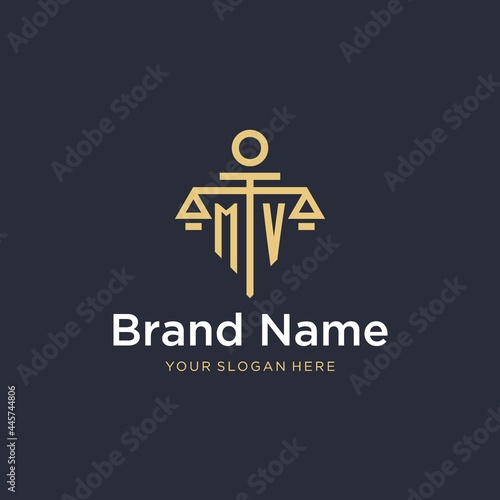 MV initial monogram logo with scale and pillar style design