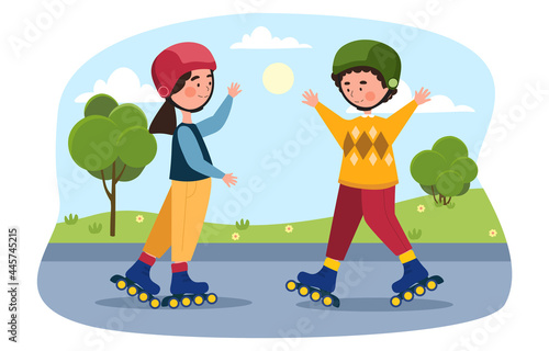 Children on roller skates. A boy and a girl learn to rollerblade in the park. Helmet for safety. A fun game for kids. Cartoon modern flat vector illustration isolated on a white background