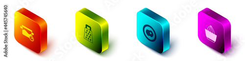 Set Isometric Cooking pot, Grater, Scrambled eggs and Citrus fruit juicer icon. Vector