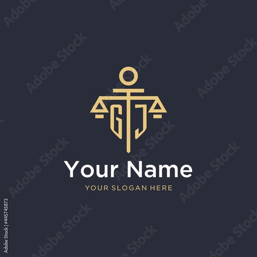 GJ initial monogram logo with scale and pillar style design