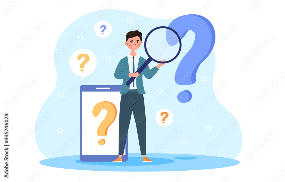 Ask a question concept. A man with a large magnifying glass in his hands is trying to find answers to questions. A businessman solves problems. Cartoon flat vector illustration on a white background