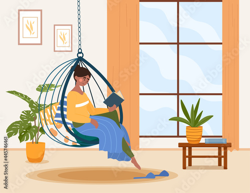 Rest and relaxation concept. The girl is sitting in a swing chair and reading a book. Time after work. Cozy atmosphere in the house. Cartoon flat vector illustration isolated on a white background