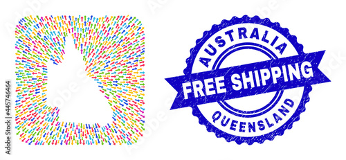 Vector mosaic Australian Queensland map of migration arrows and rubber Free Shipping seal. Mosaic Australian Queensland map designed as hole from rounded square shape with emigration arrows.