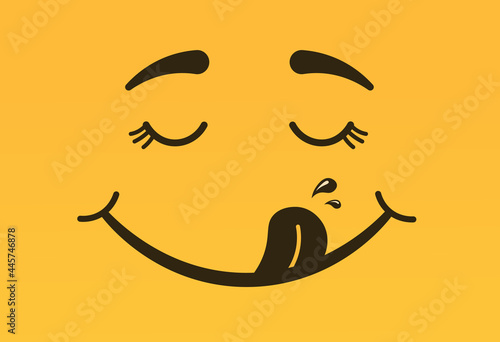 Yummy smile. A sticker with a happy face from a delicious meal. He licks his lips with his tongue. Cartoon flat hand-drawn vector illustration on a yellow background. Modern Line Art for websites