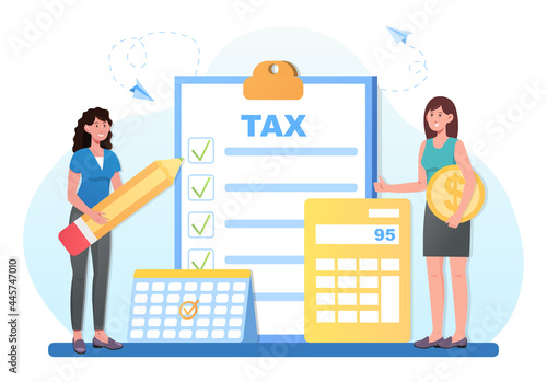 Taxes calculation concept. women with a pencil, a calculator and a coin count the amount of money for the state. State Government taxation, calculation of tax return. Cartoon flat vector illustration