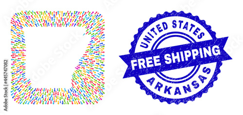 Vector mosaic Arkansas State map of emigration arrows and scratched Free Shipping seal stamp. Collage Arkansas State map designed as stencil from rounded square shape with arrows.