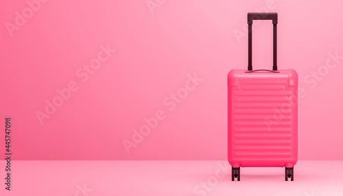 3d rendered pink suitcase on pink background with copy space. Travel concept.