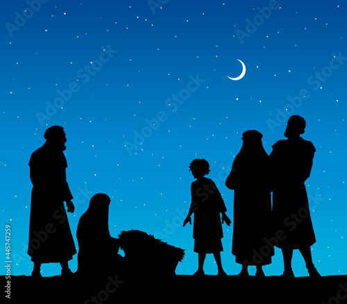 The shepherds came to bow to the newborn baby Jesus. Vector drawing