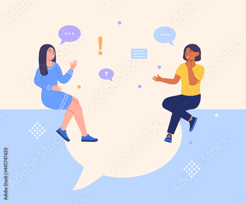 Women say concept. Two female friends are sitting and talking about various topics and solve questions. Discussion of gossip and news. Cartoon flat vector illustration on a colored background