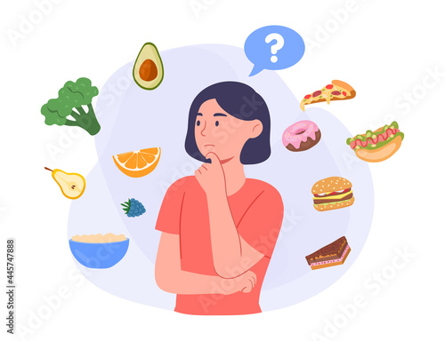 Choosing the type of food concept. A woman chooses between healthy and harmful food. Delicious fast food or healthy vegetables. Cartoon is a flat vector illustration isolated on a white background
