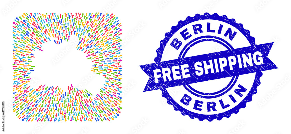 Vector mosaic Berlin City map of abandon arrows and rubber Free Shipping badge. Mosaic Berlin City map designed as carved shape from rounded square with pointer arrows. Vector mosaic Berlin City map of abandon arrows and rubber Free Shipping badge. Mosaic Berlin City map designed as carved shape from rounded square with pointer arrows.