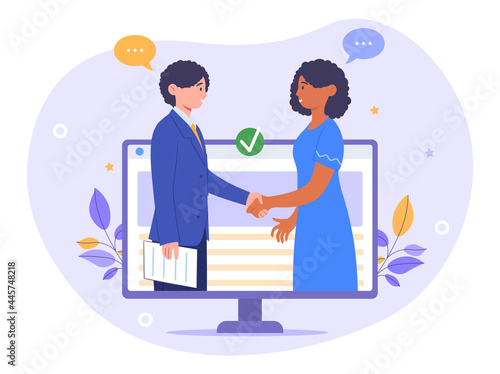 Virtual deal concept. A woman and a man signed a cooperation agreement. Partners shake hands with each other. Doing business during a pandemic. Cartoon flat vector illustration on a white background