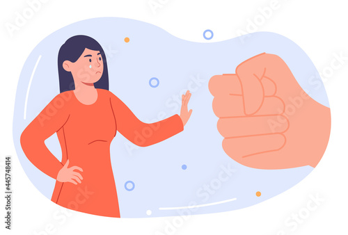 Domestic violence concept. A strong woman with tears in her eyes stops a man s fist. A metaphor for fighting violence. Cartoon modern flat vector illustration isolated on a white background