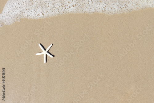 Starfish with white foam on sand beach, beautiful natural scene of tropical summer sand beach background for relaxing vacation, blue ocean waves crashing on sand beach island with copy space