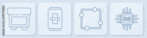 Set line Fuse, Electric circuit scheme, Electric light switch and Processor with microcircuits CPU. White square button. Vector